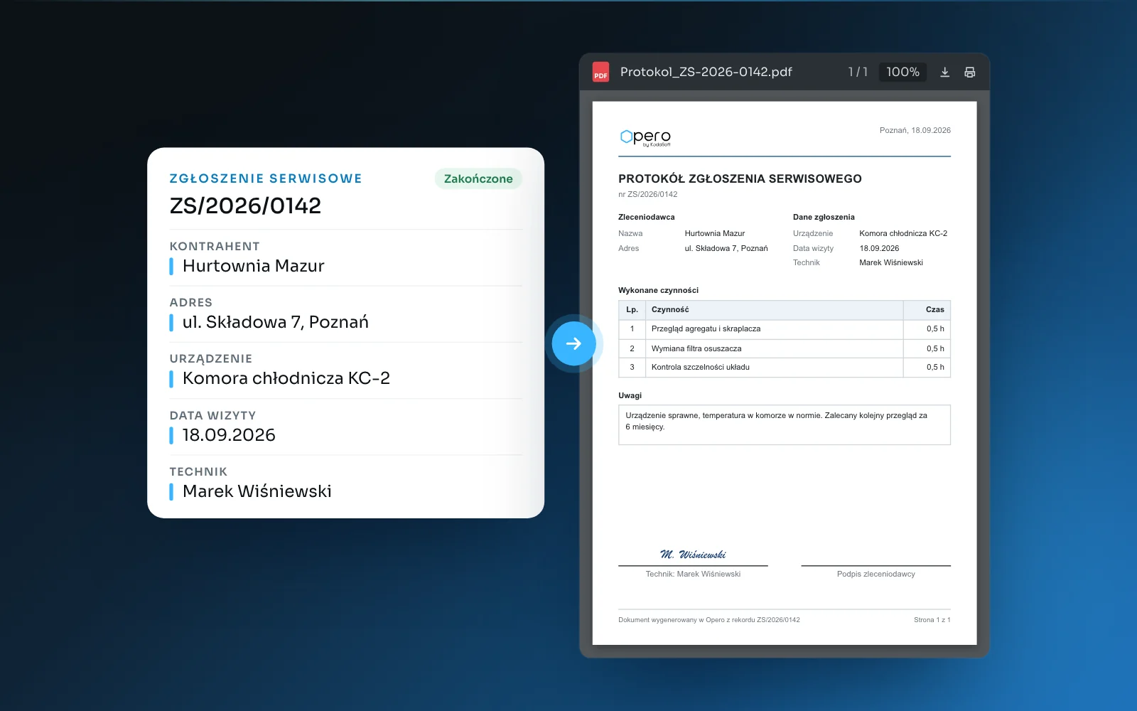 A service request and the protocol generated from its data in Opero